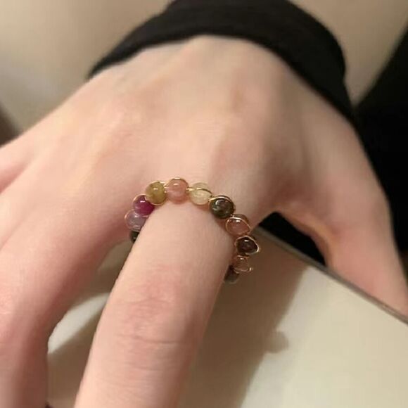 Rainbow Tourmaline Cuff Open Ring Fashion Beaded Adjustable Ring - Picture 5 of 7